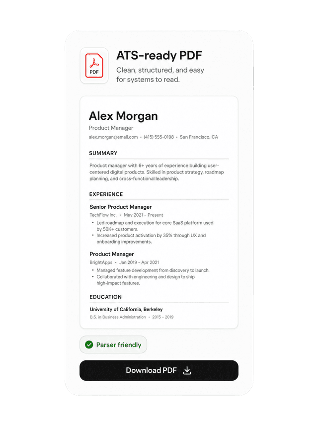 ATS-ready PDF preview card